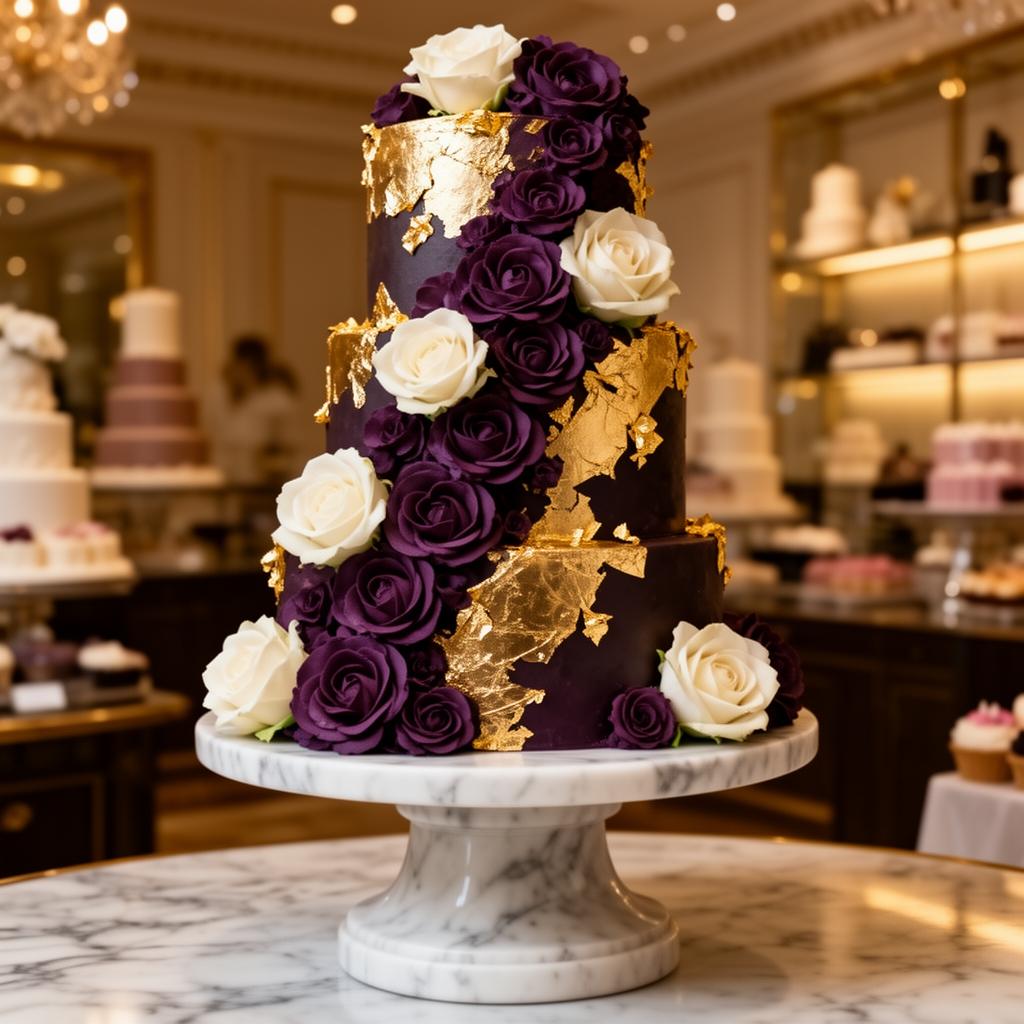 Three-tier plum and gold celebration cake by Biso's